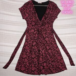 Krisp Maroon Black Floral V Neck Knot Dress Size 14 US 18 UK